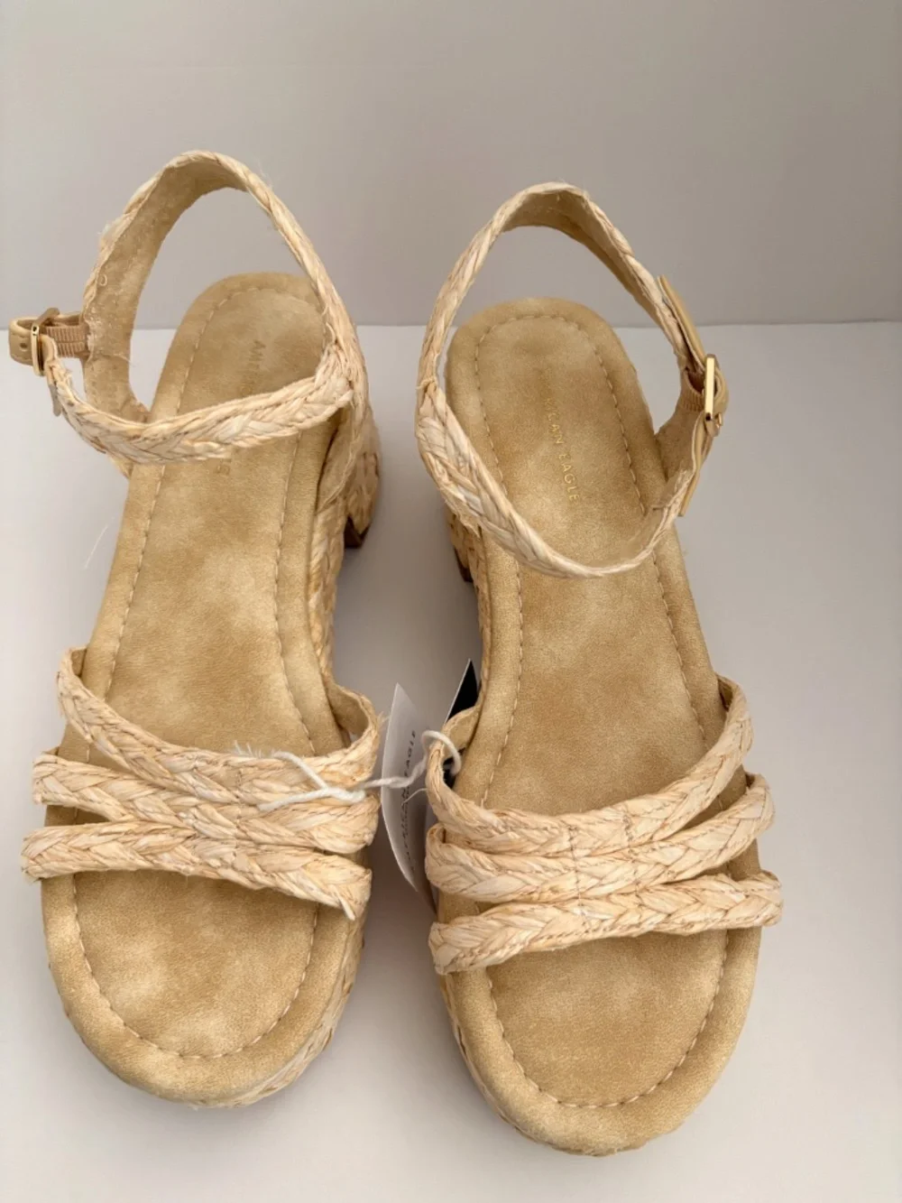 American Eagle Natural Raffia Braided Platform Espadrille Heeled Sandals